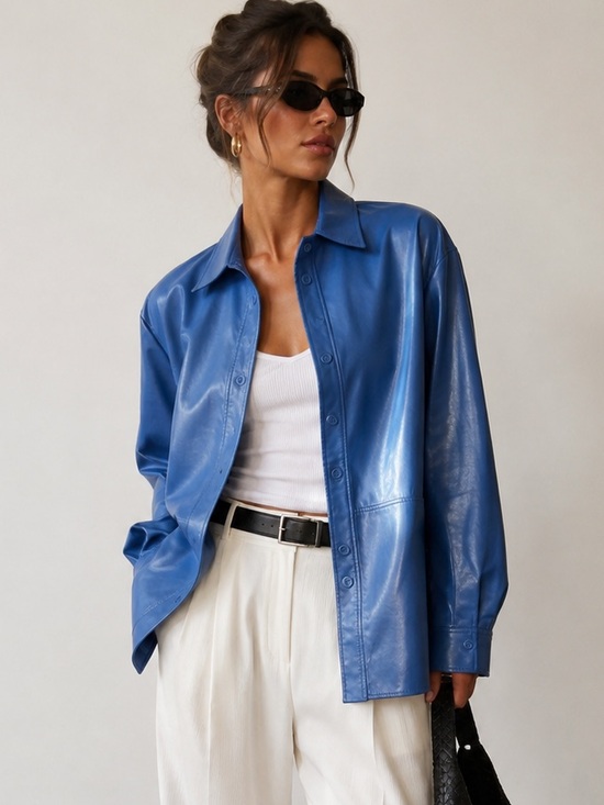 Babaton Jackets & Blazers - Aritzia Babaton Blue Vegan Leather Button Up Shirt Jacket Medium